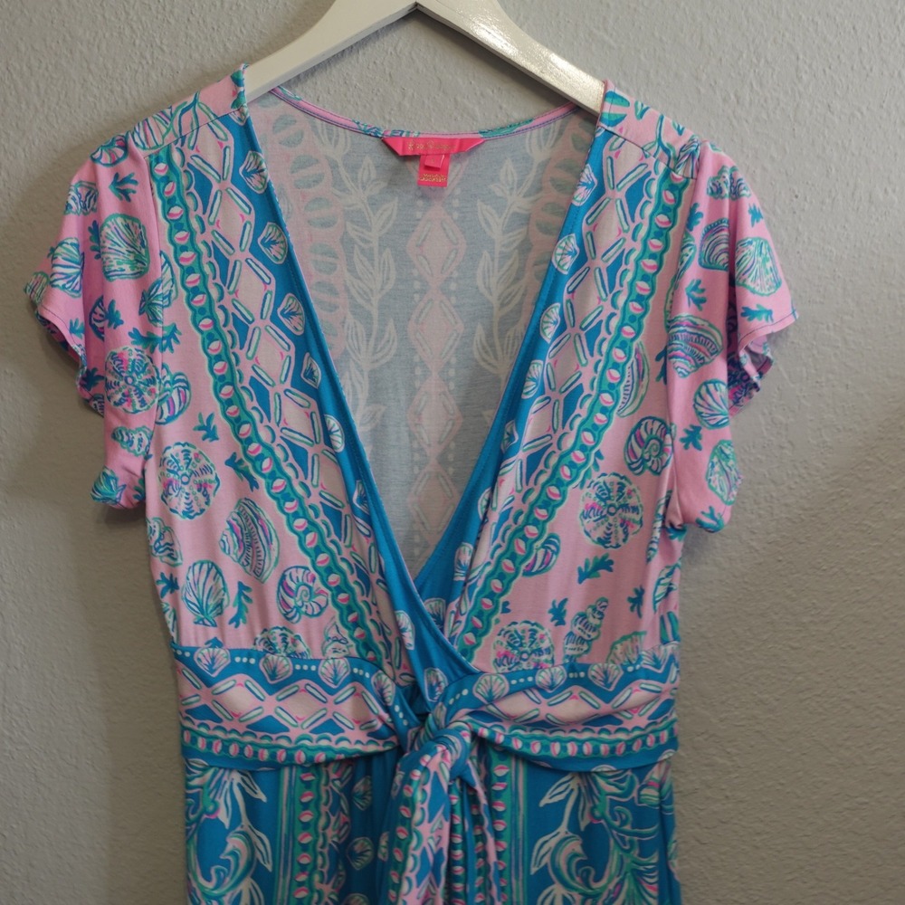Lilly Pulitzer Esmarella Maxi Dress Large Pink Blue Shell Print Faux Wrap Boho - Picture 3 of 16
